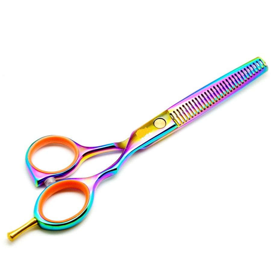 Ciseaux à cheveux arc-en-ciel avec lame dentelée et lame lisse.