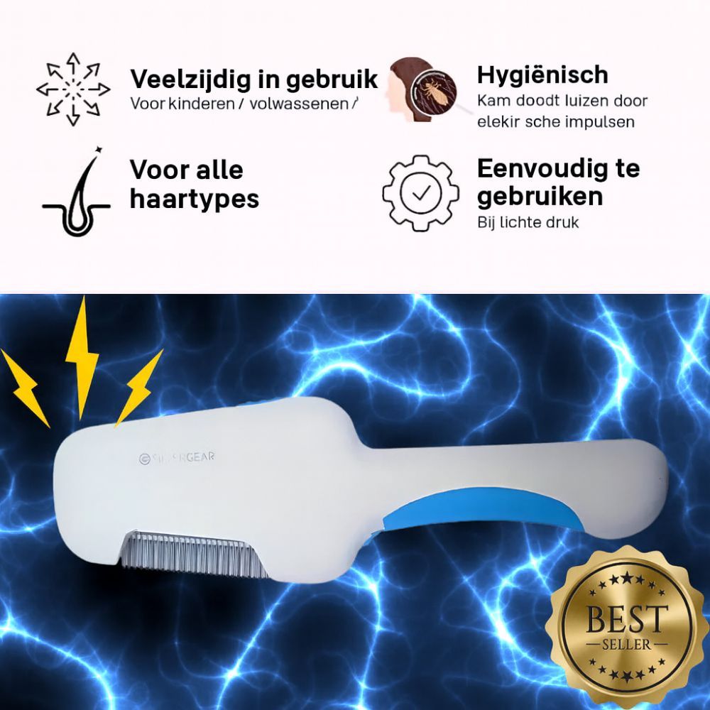 Silvergear elektrische luizenkam. Wit-blauwe kam met metalen tanden. Tekst met toepassingsgebieden. Label "BEST SELLER".