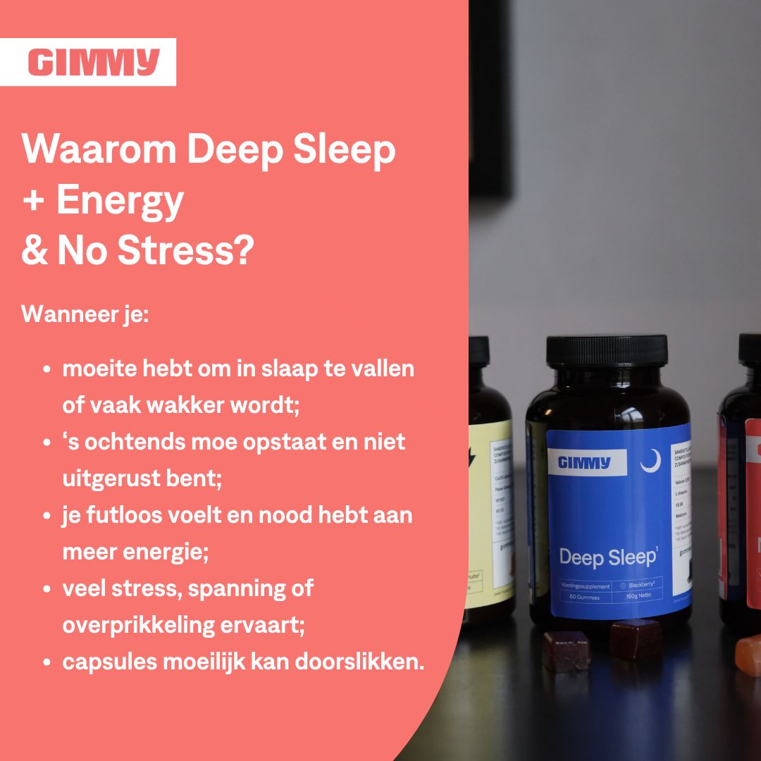 Texte avec questions sur Deep Sleep, Energy et No Stress. Flacons GIMMY en arrière-plan.