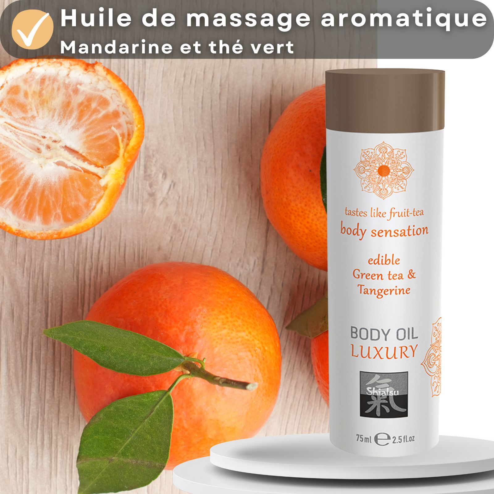 Huile de massage Shiatsu mandarine et thé vert, à base d'eau, nourrit la peau.