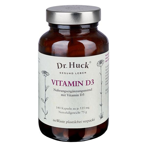 Dr. Huck Vitamin D3 Kapseln Vegan. Bruine glazen fles met schroefdop. Opschrift: Vitamin D3, voedingssupplement. 140 capsules.