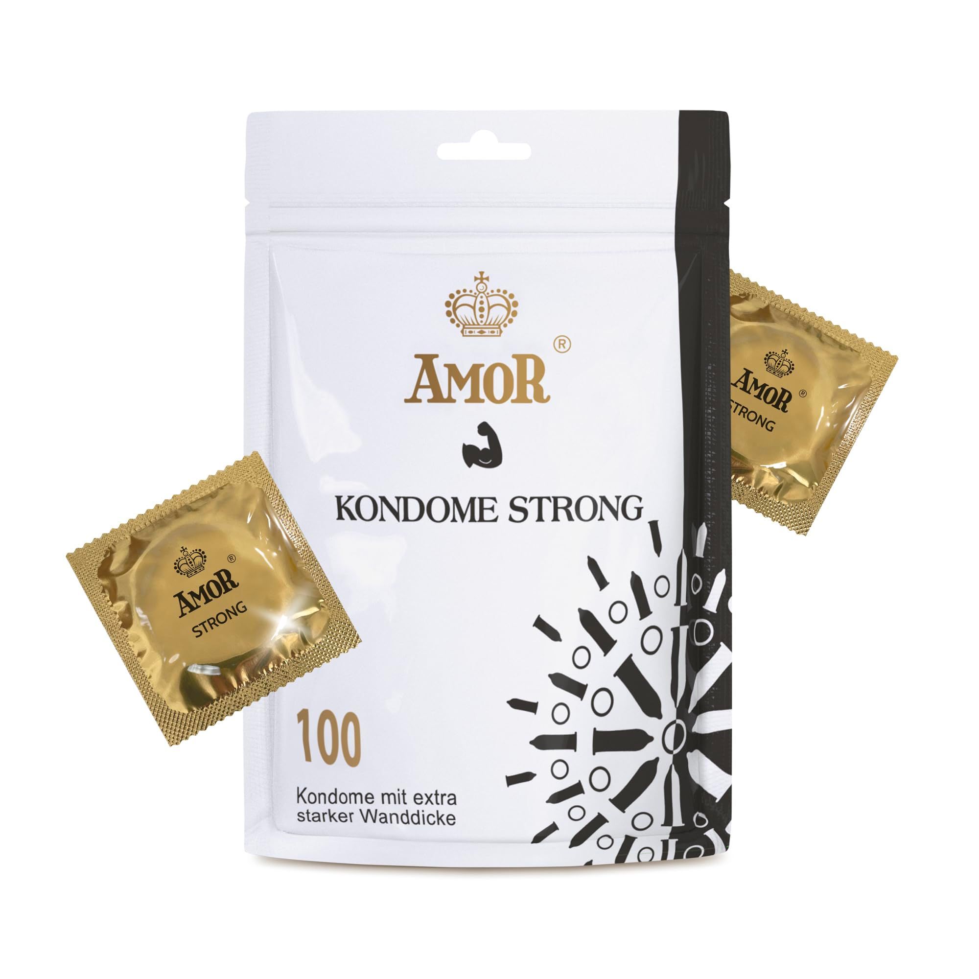 Préservatifs Amor Strong, 100 pièces. Sachet blanc avec logo Amor doré, deux préservatifs individuels.