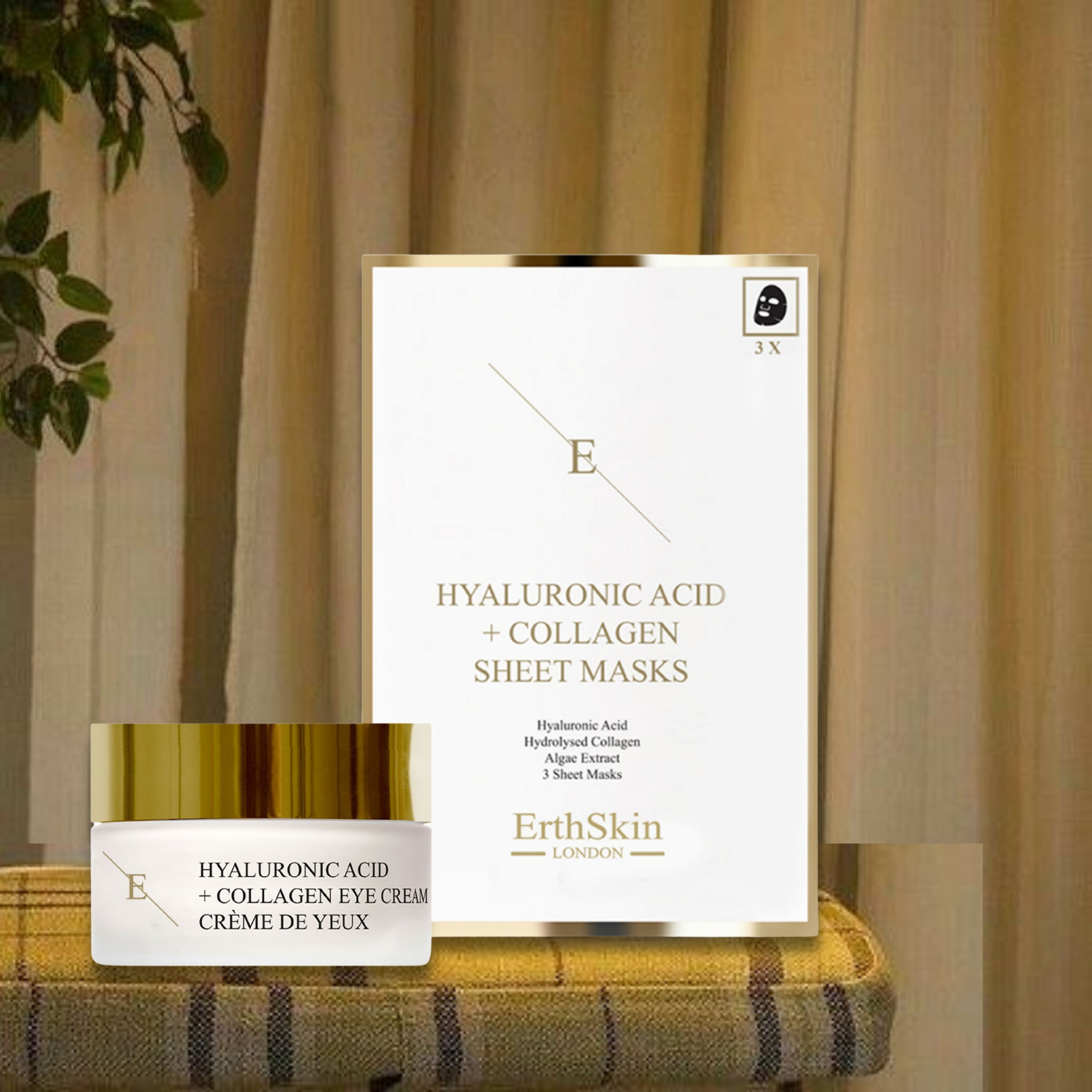 Crème pour les yeux et masques en feuille. Emballage avec texte 'ErthSkin London'. Inscription 'Acide hyaluronique + collagène'.