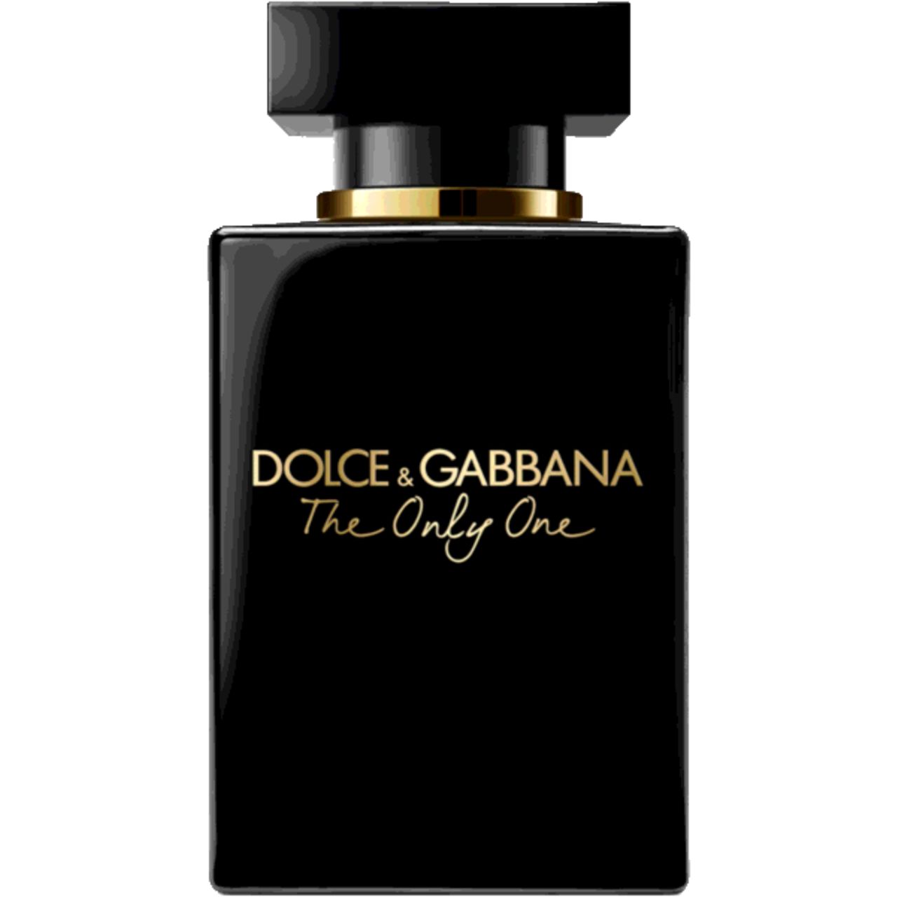 Zwarte fles van Dolce & Gabbana The Only One Intense. Gouden belettering. Vierkante vorm.