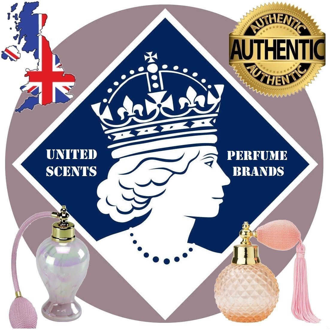 Logo avec couronne et texte : United Scents, Perfume Brands. Deux flacons de parfum.