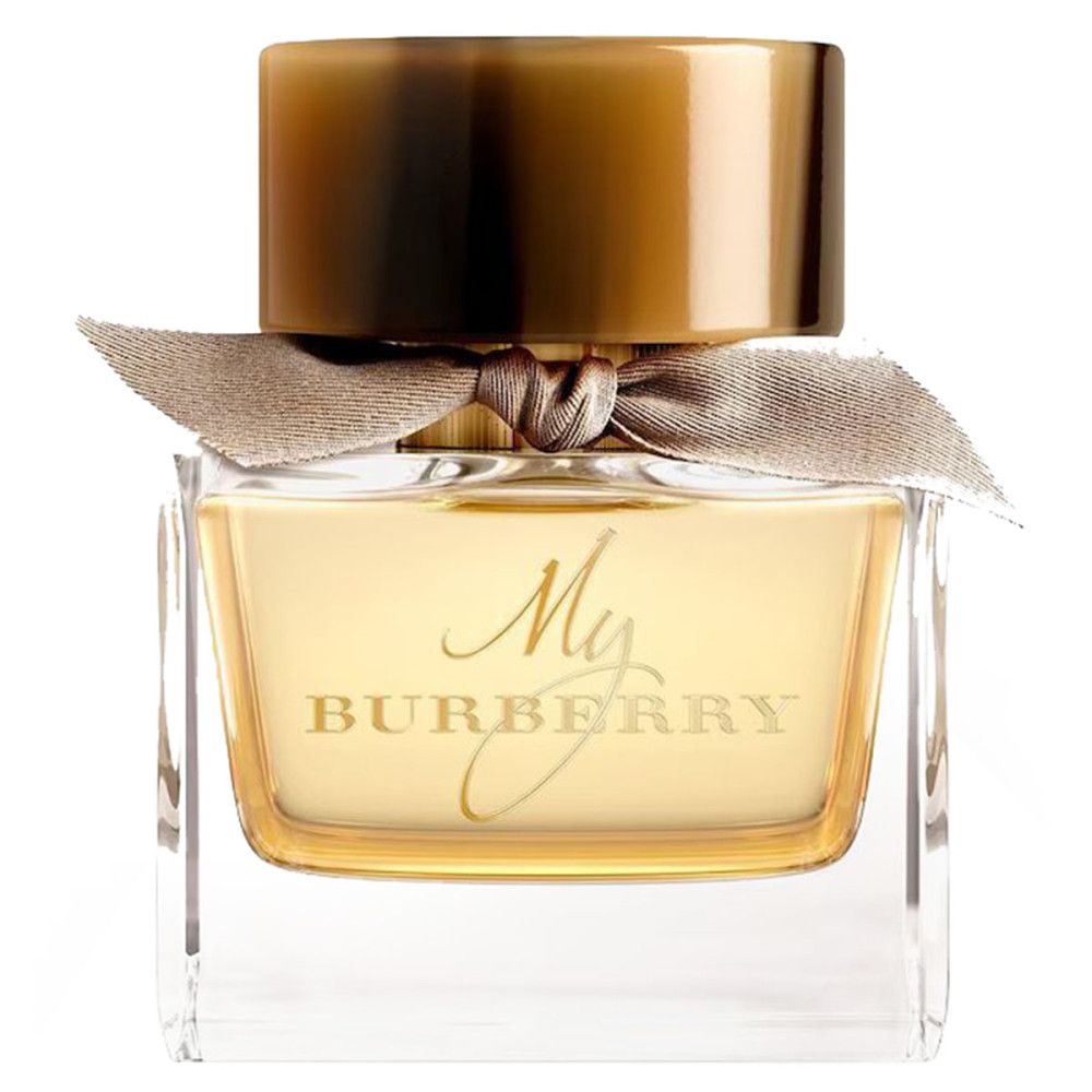 Flacon My Burberry Eau De Parfum Spray 90ml avec nœud et bouchon doré.