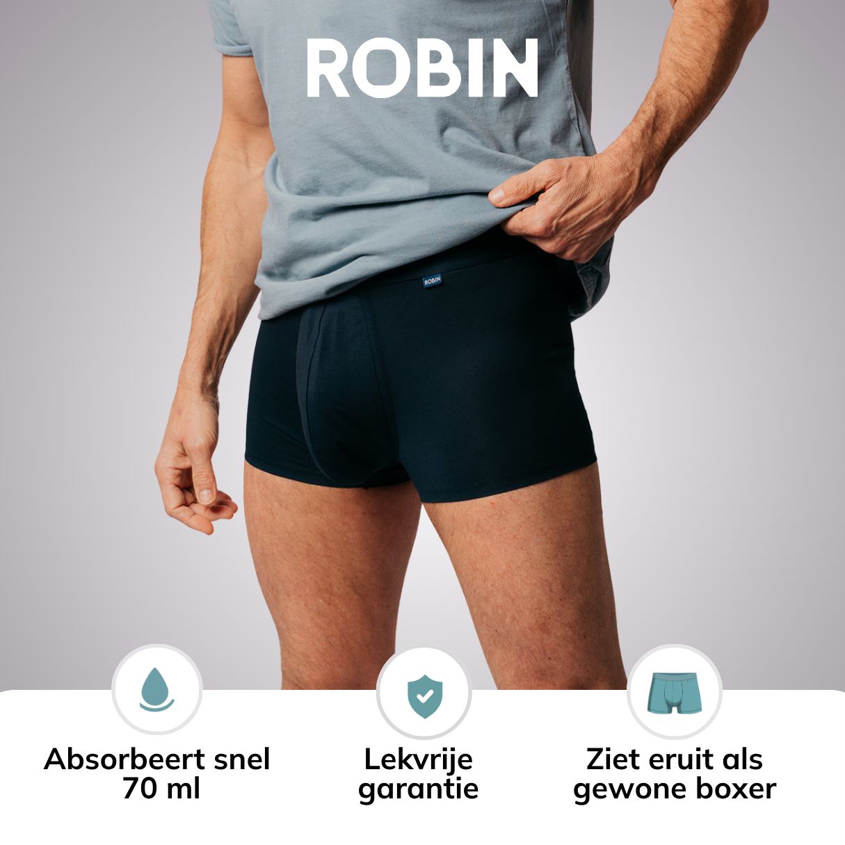 Donkerblauwe herenboxer: snel absorberend, lekvrije garantie, als gewone boxer.