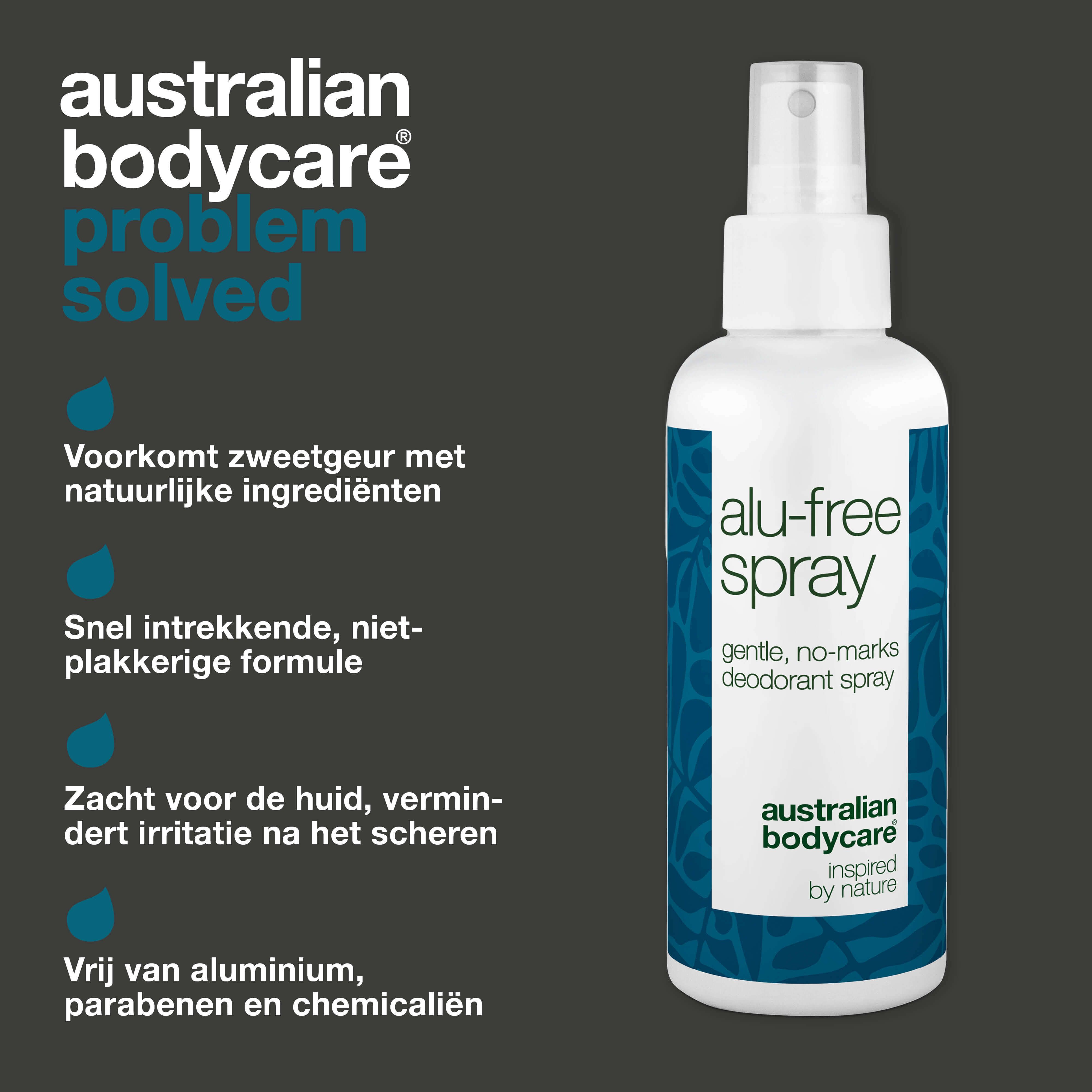 Aluminiumvrije spray. Tekst: alu-free spray, gentle, no-marks deodorant spray. Logo: Australian Bodycare. Tekst: Voorkomt zweetgeur.