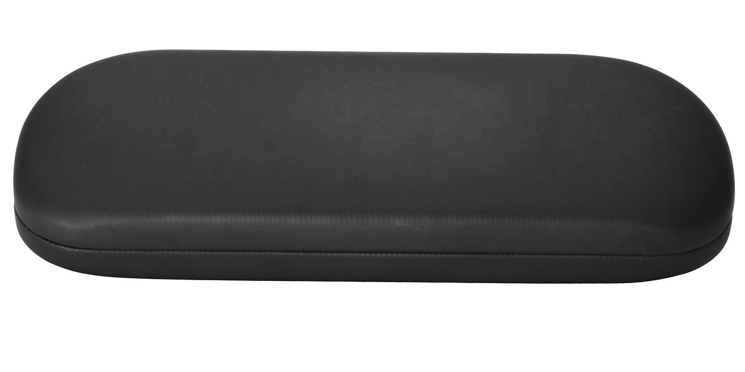 Zwarte, ovale hardcase etui. Gesloten. Glad oppervlak.
