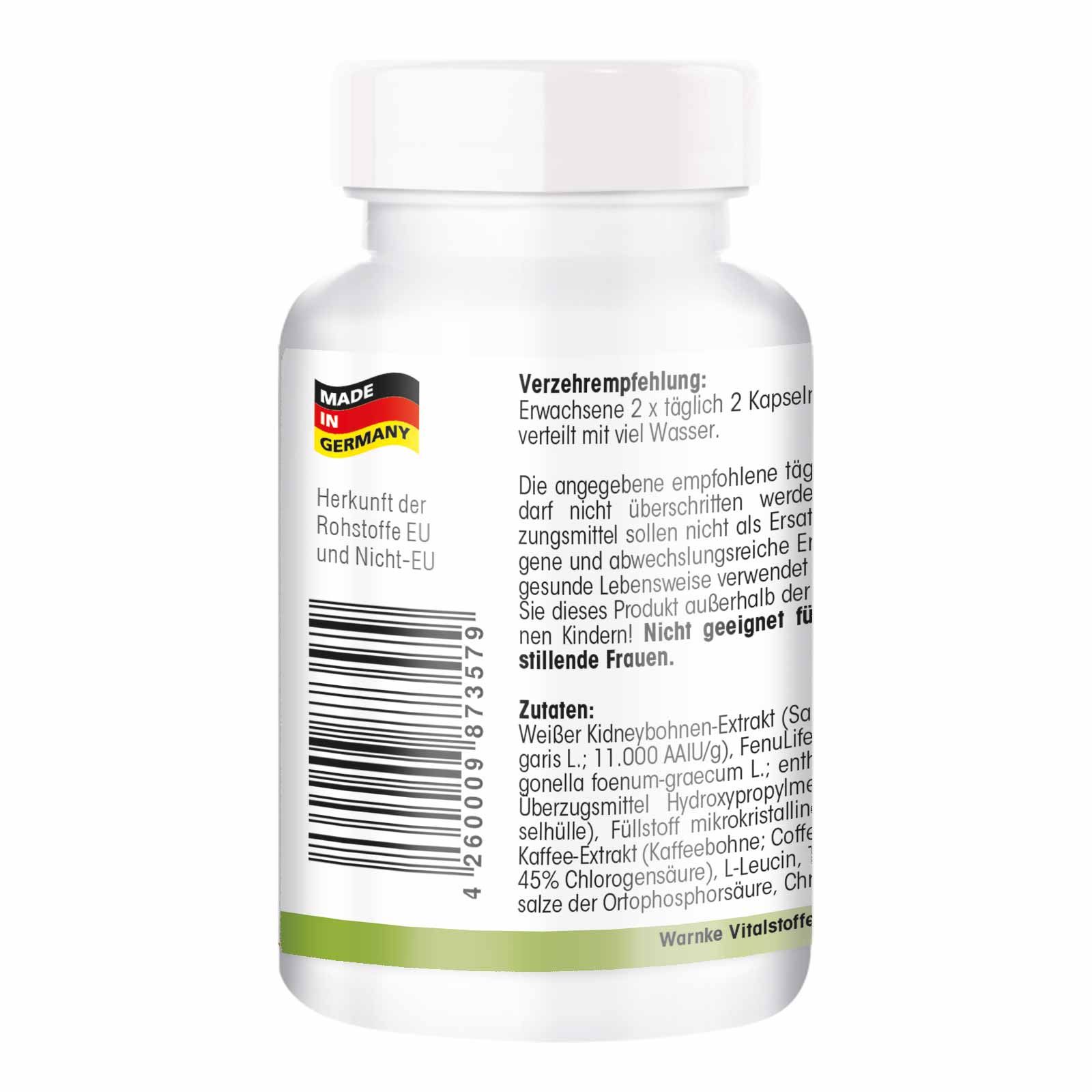 Dos du flacon. Texte: Recommandations, ingrédients. Logo: Warnke Vitalstoffe. Origine: UE et hors UE.