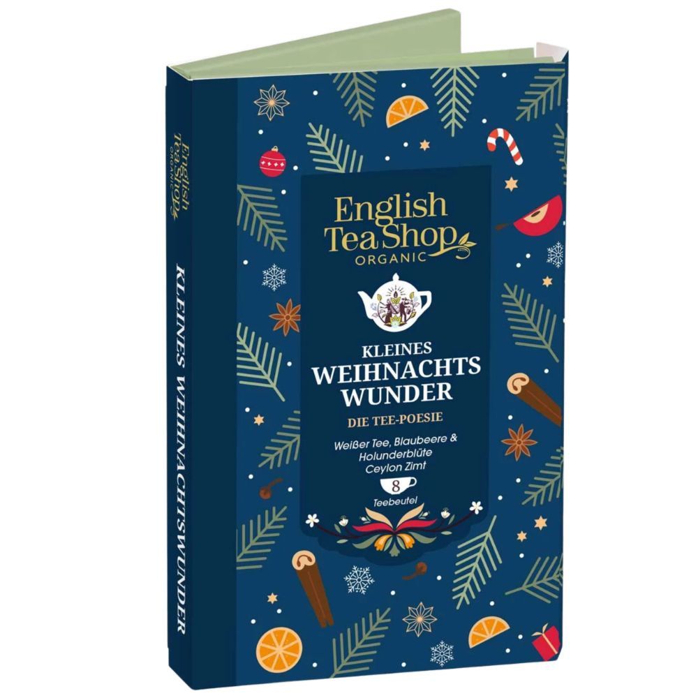 Blauwe geschenkverpakking met kerstmotieven. Bevat theezakjes. Opschrift: Kleines Weihnachtswunder, English Tea Shop.