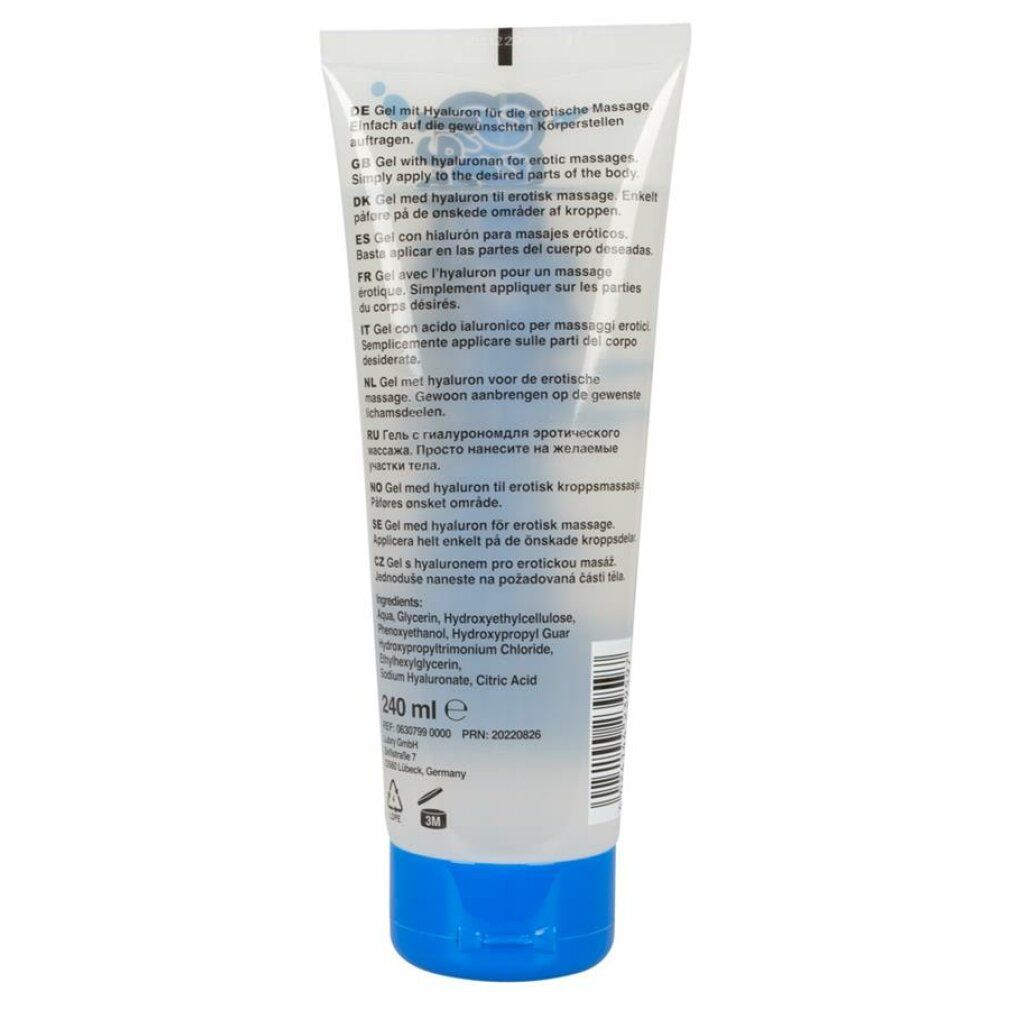Tube de gel avec bouchon bleu. Texte multilingue. Ingrédients et indication de volume.