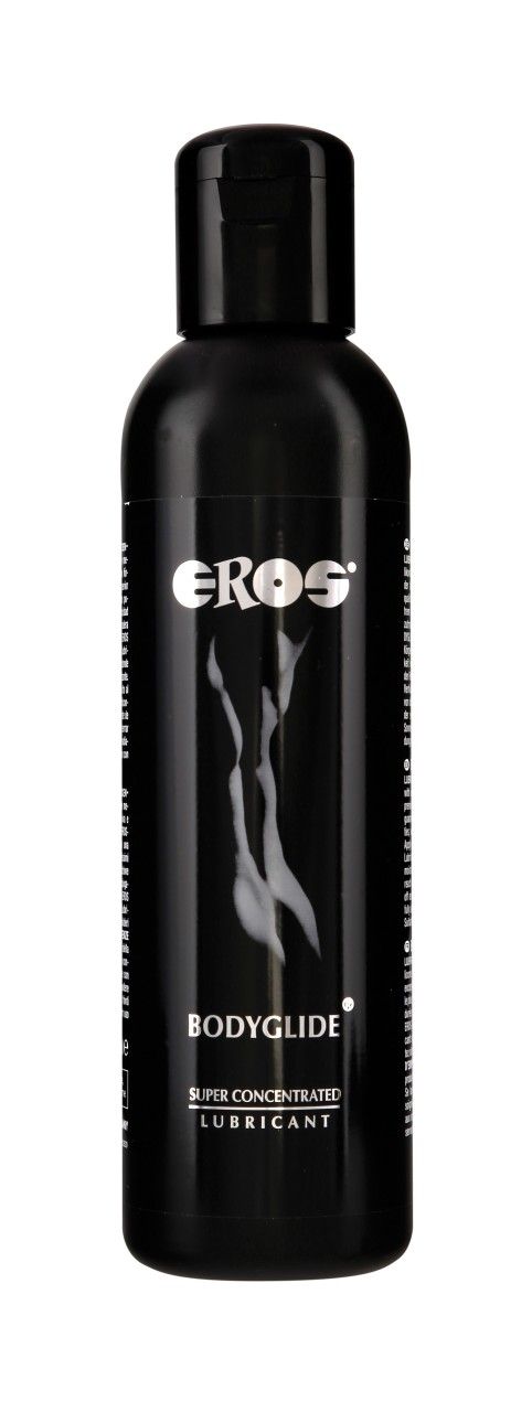 Flacon noir avec EROS Bodyglide Super Concentrated Lubricant. Logo argenté et silhouette stylisée.