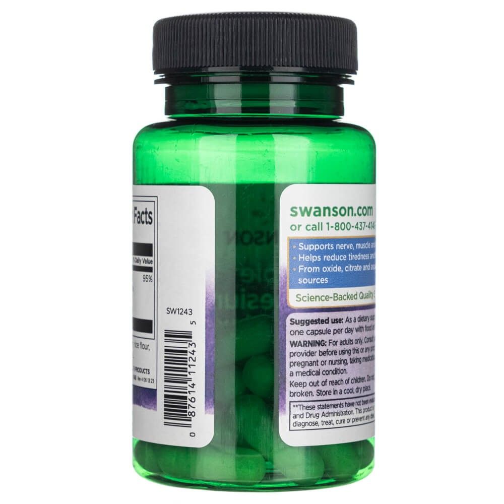 Côté des capsules Swanson Triple Magnesium Complex. Affiche Swanson.com et les instructions d'utilisation.