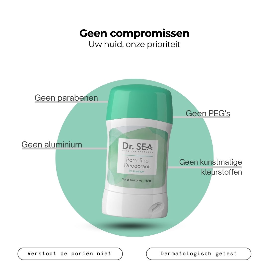 Deodorantstick met tekst. Tekst: Sterke ingrediënten, zichtbare resultaten. Ingrediënten: Biotine, Prebiuline, Avocado-olie.