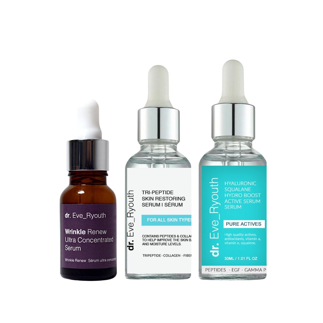 Trois flacons de sérum Dr. Eve_Ryouth. Étiquettes marron, transparentes et bleues. Pipettes blanches. Inscription : Wrinkle Renew, Tri-Peptide, Hyaluron.