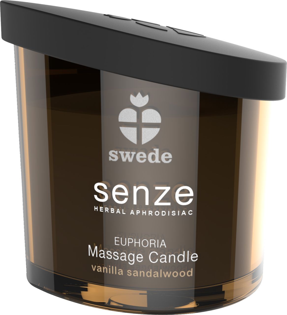 Senze Massage Candle Euphoria, bruin glas, zwarte deksel. Opschrift en productnaam.