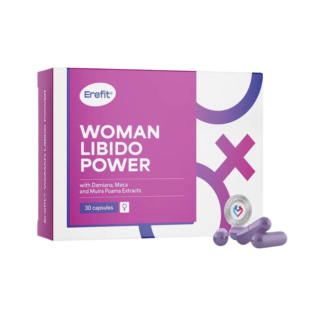 Verpakking met capsules. Opschrift: Woman Libido Power. Bevat Damiana, Maca en Muira Puama extracten. 30 capsules.