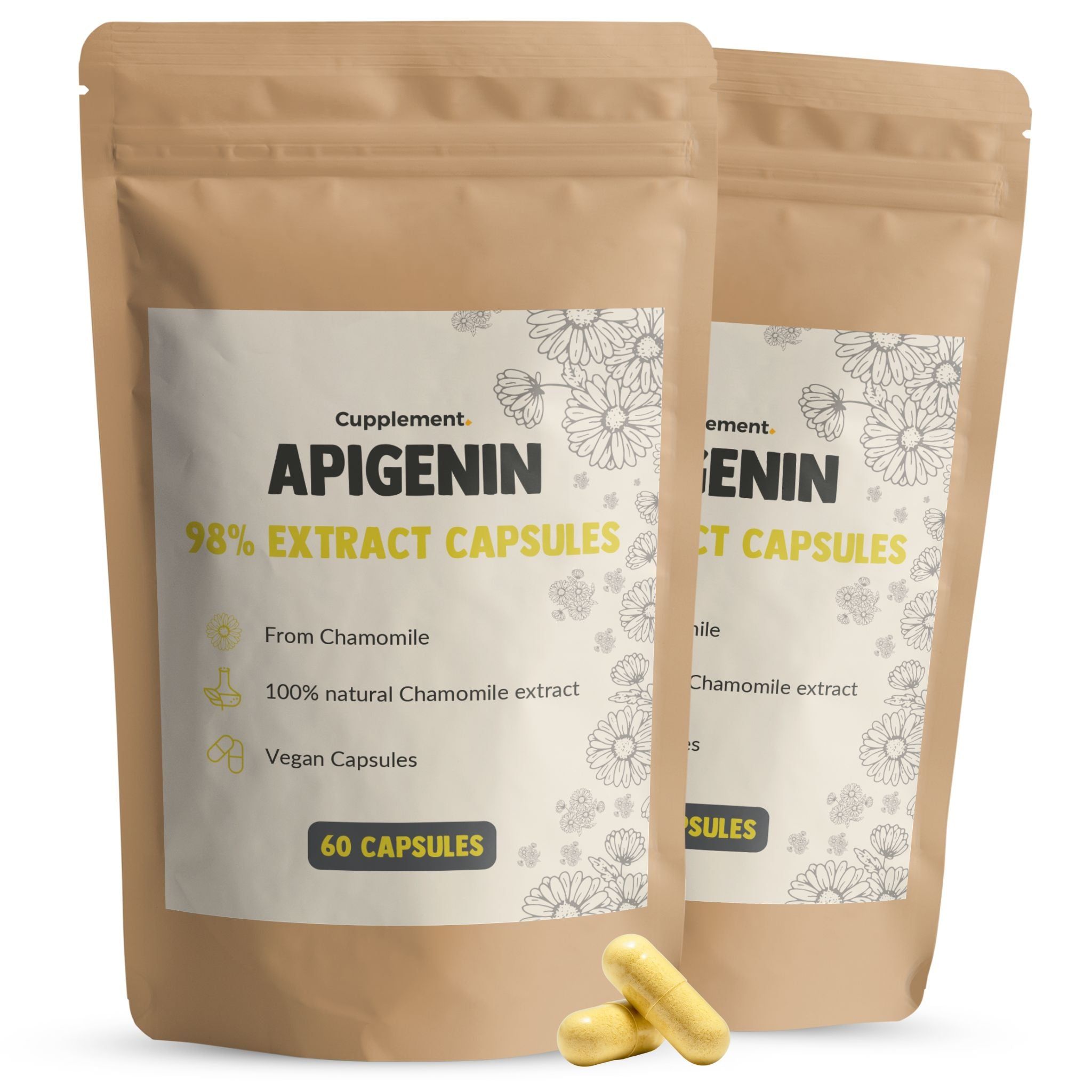 Twee zakjes met Apigenin Extract Capsules. Bevat 60 capsules. Gele capsules ernaast.
