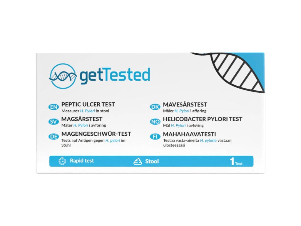 Emballage du test GetTested H. pylori. Contient du texte en plusieurs langues, dont le français. Affiche le logo et la désignation.