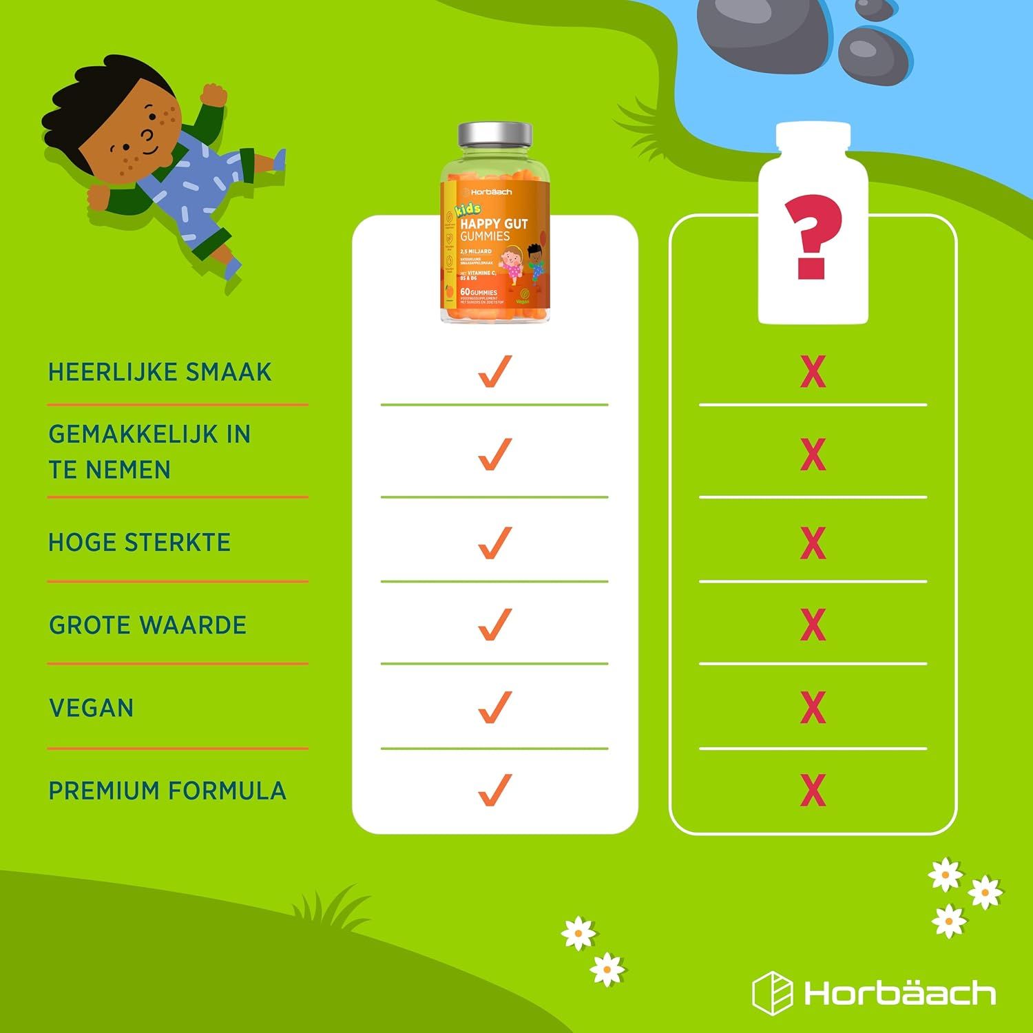 Flesje met Kinder Happy Gut Gummies, vergelijkingstabel met vinkjes en kruisjes.