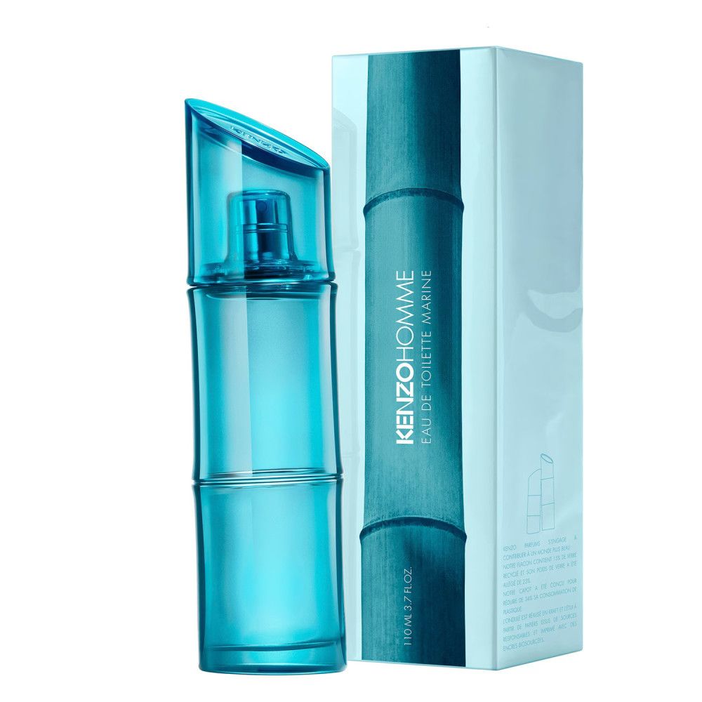 Blauwe KENZO HOMME Eau de Toilette Marine fles met witte verpakking. Opschrift: KENZO HOMME Eau de Toilette Marine.
