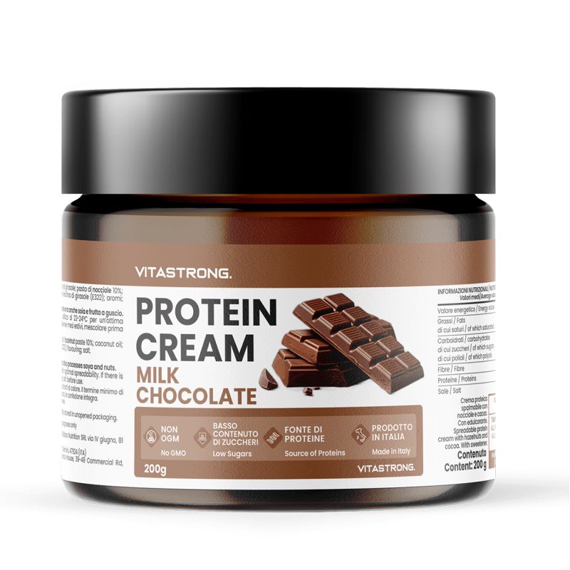 Vitastrong Protein Cream melkchocolade in een glazen pot met zwarte deksel. Stukjes chocolade afgebeeld. 200g.