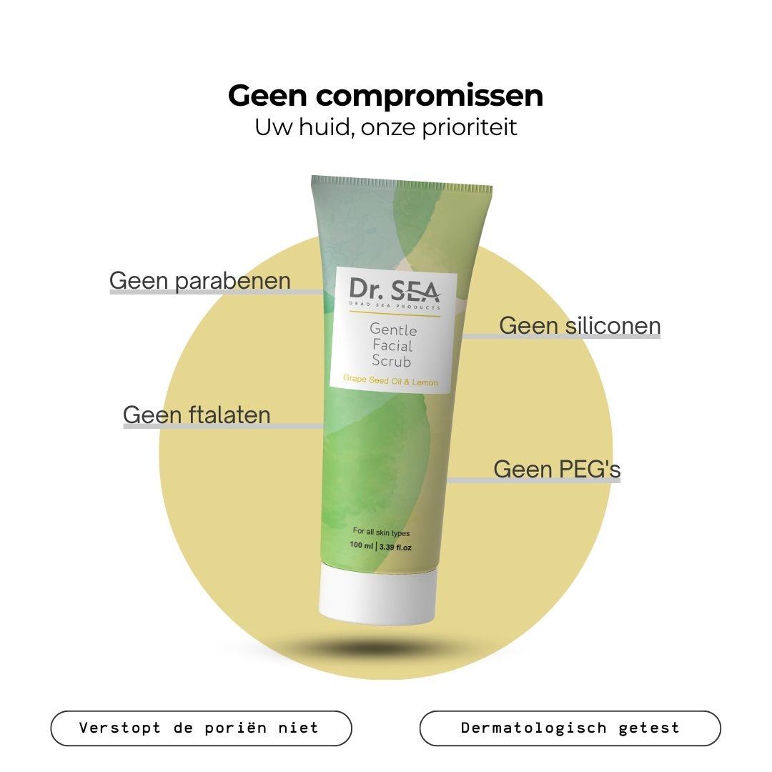 Persoon houdt een tube Exfoliating Facial Peeling Gel vast. Tekst: Zachte scrub, heldere, stralende huid. Voordelen: Exfolieert zachtjes.
