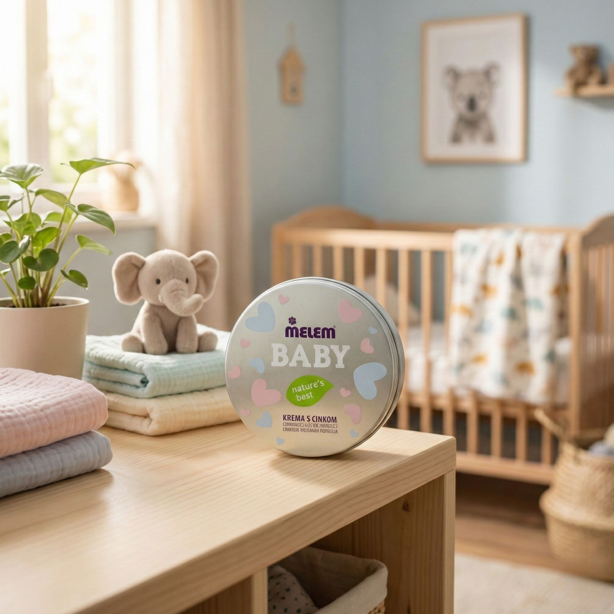 Boîte ronde Melem Baby sur une table avec des couches et un jouet. En arrière-plan, un lit bébé.