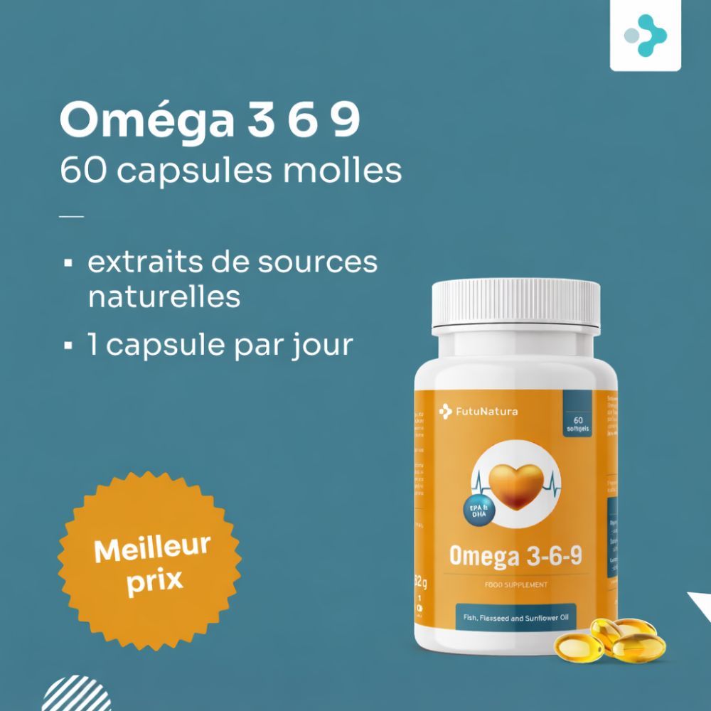 Flacon Omega 3-6-9, 60 gélules molles. Inscription : Meilleur prix. Texte : Extraits de sources naturelles, 1 gélule par jour.