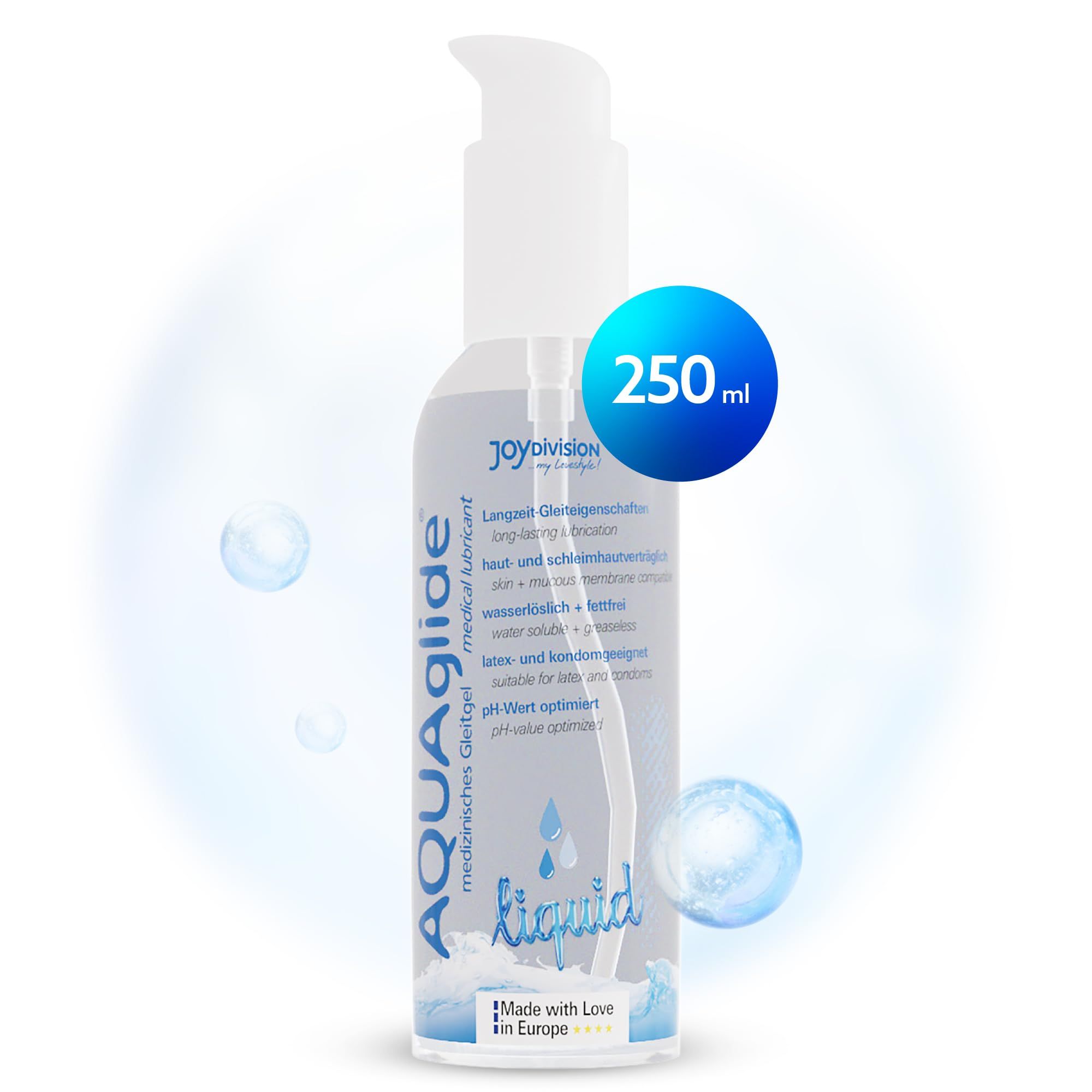 AQUAGLIDE Liquid glijmiddel in 250ml pompfles. Waterbasis, olie- en vetvrij, pH-neutraal.