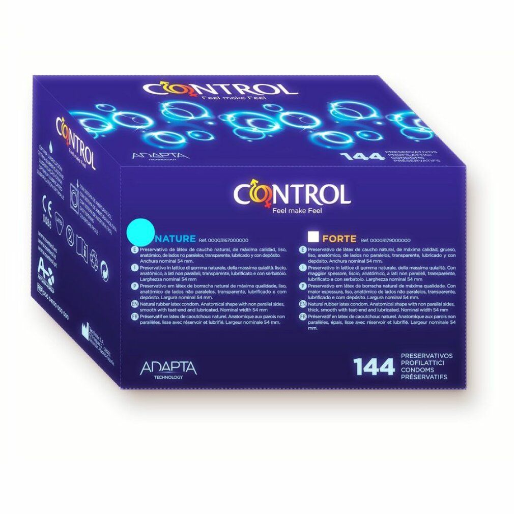 Préservatifs Control Nature, boîte de 144. Emballage bleu avec logo et informations produit.