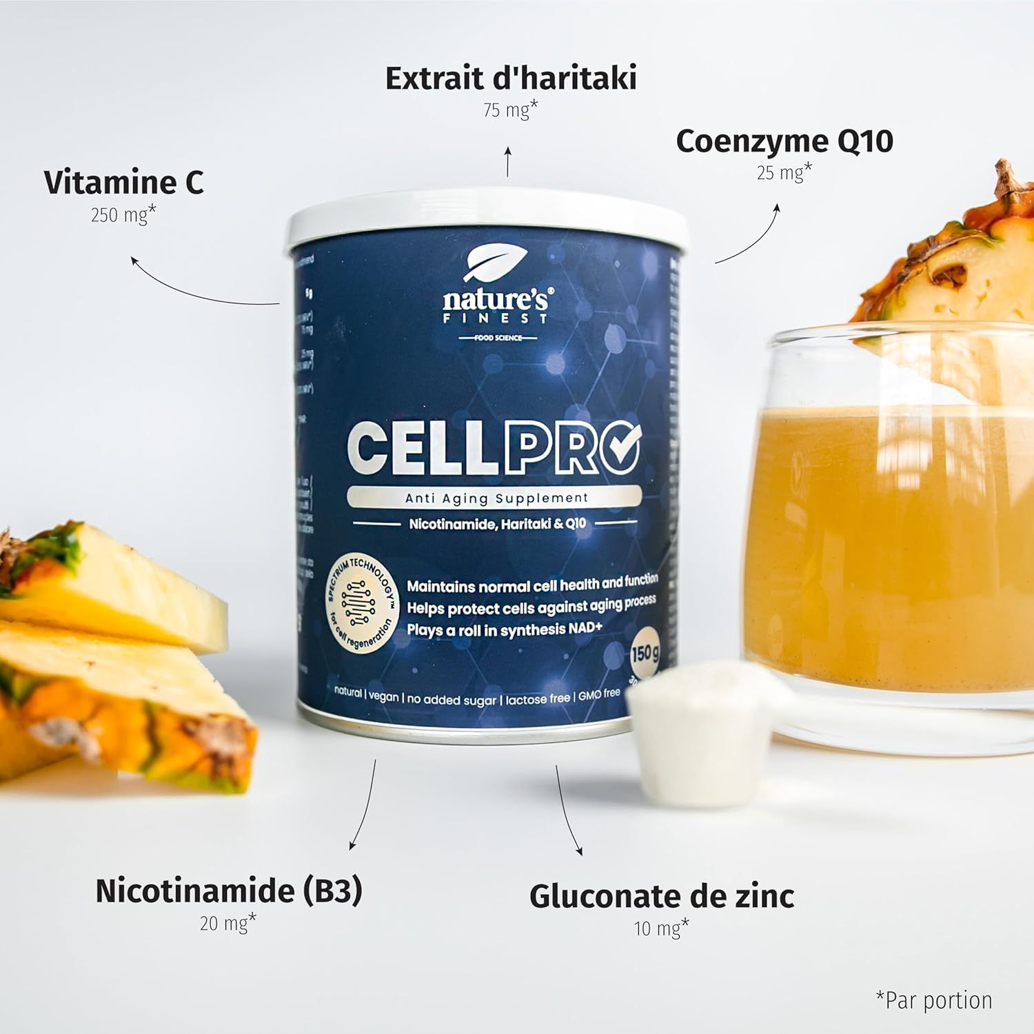 Instructions : mélanger 5g dans un verre d'eau. Verre avec boisson et citron. Boîte CELL PRO bleue. 150g.