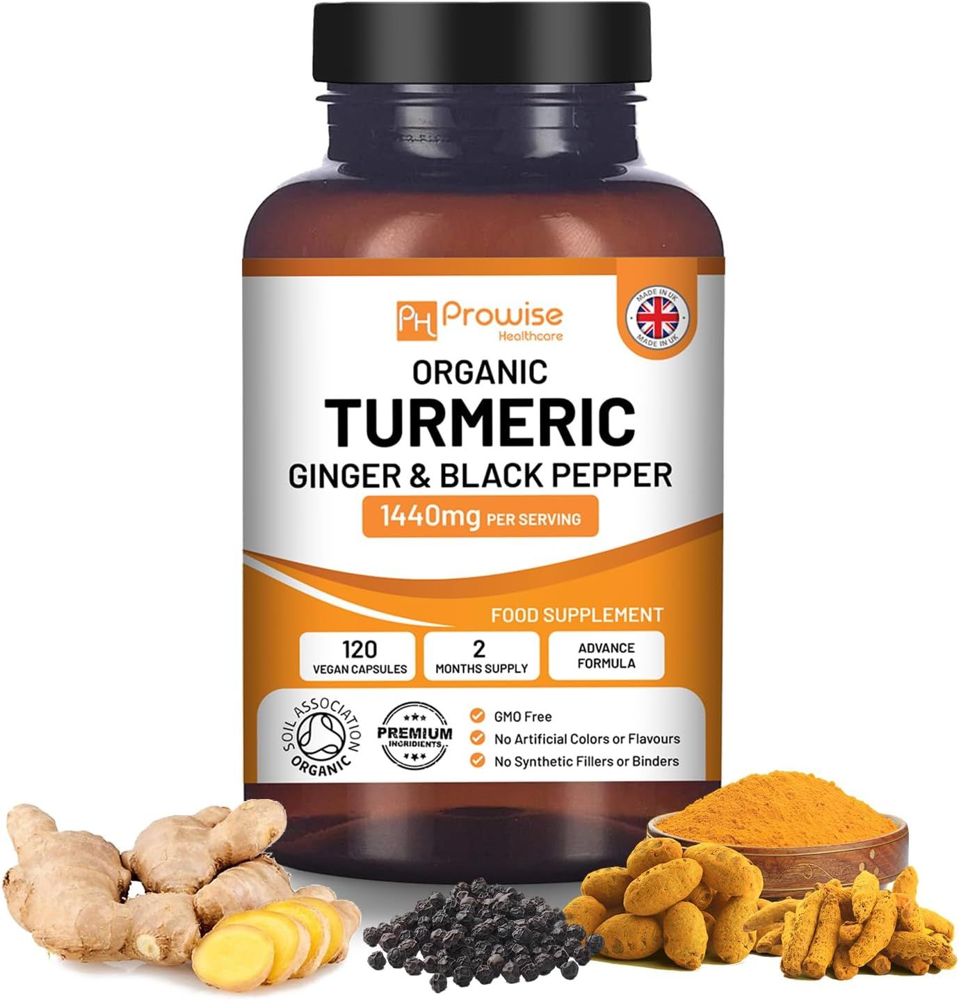 Bruine fles met capsules. Opschrift: ORGANIC TURMERIC GINGER & BLACK PEPPER. 120 vegan capsules. Ingrediënten: kurkuma, gember, zwarte peper.
