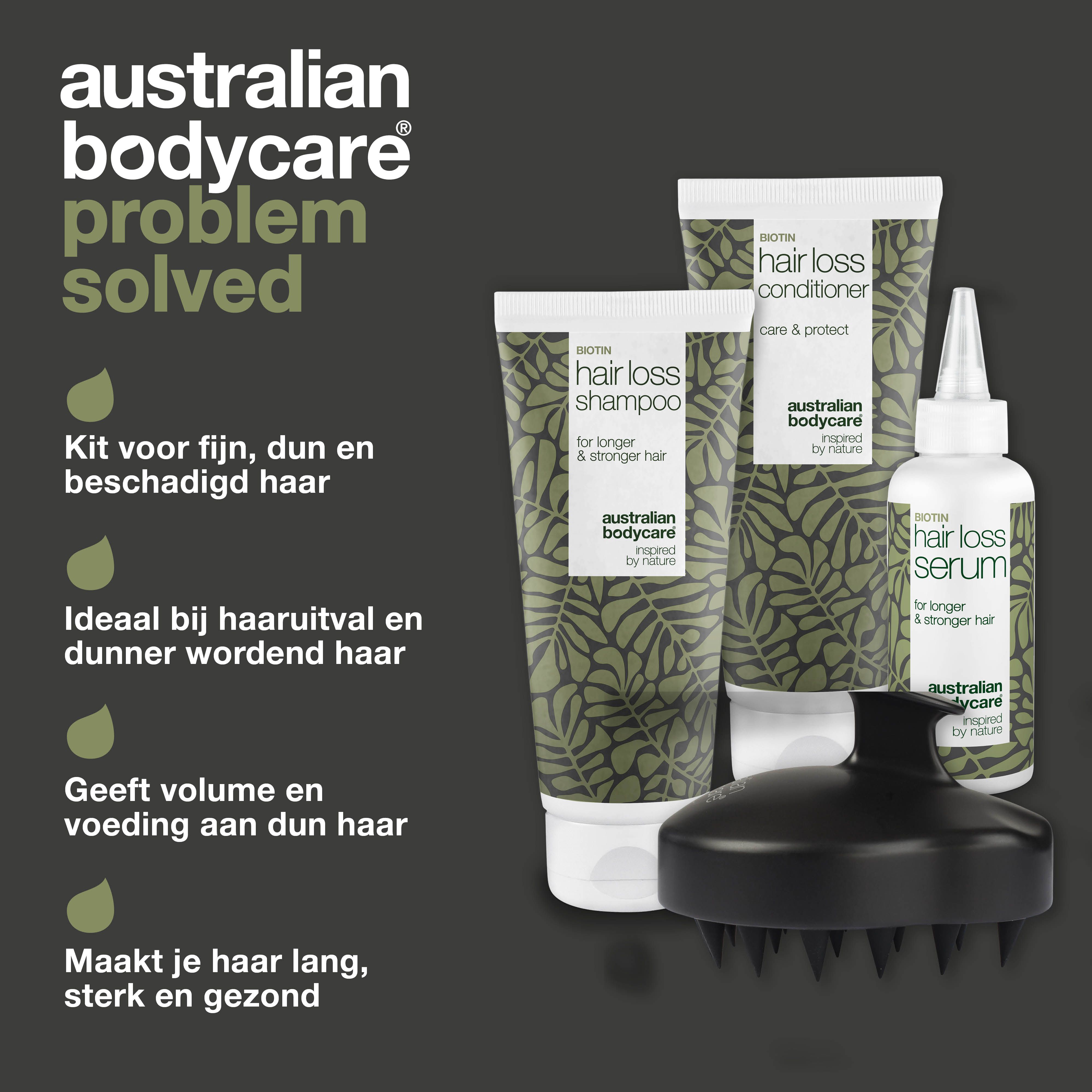 Haaruitvalpakket met shampoo, conditioner, serum en hoofdhuidborstel. Oplossing: gezond haar, geen haarbreuk.