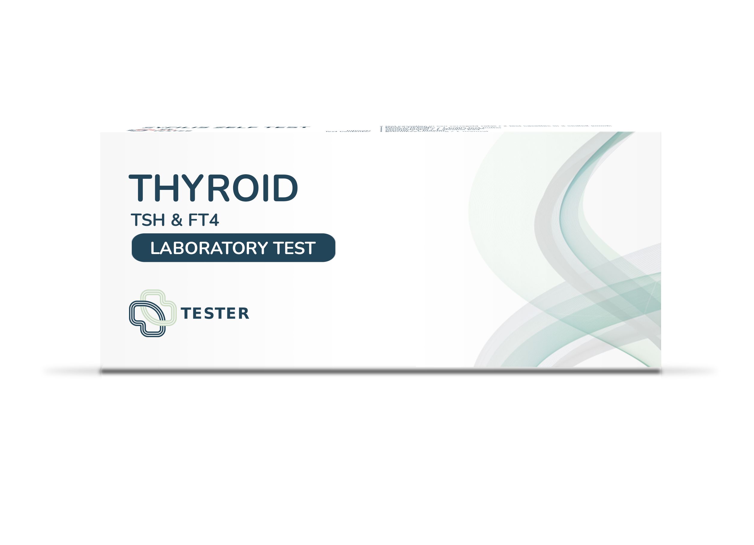 Boîte de test thyroïdien. Inscription: THYROID, TSH & FT4, LABORATORY TEST. Logo et mot "TESTER".