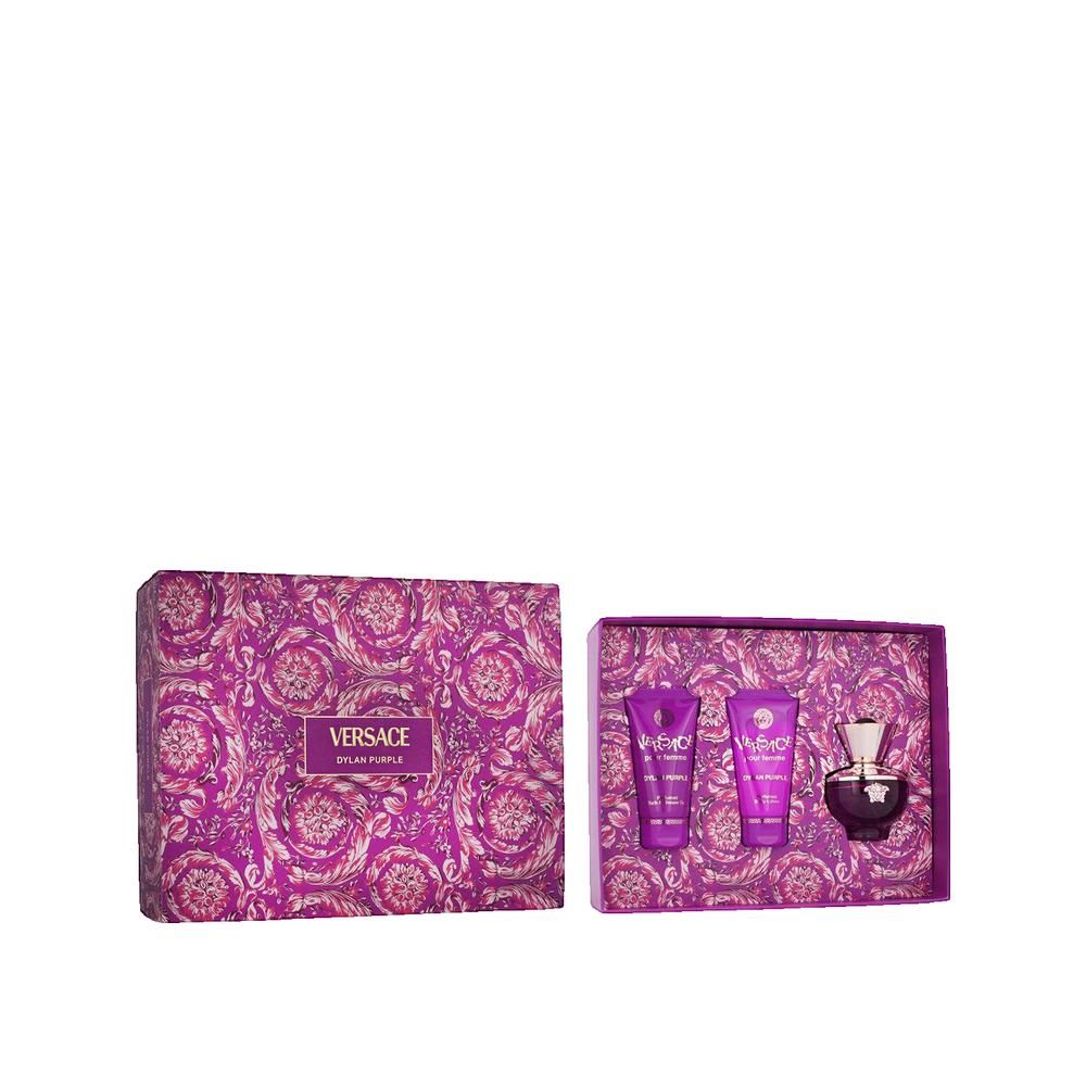 Coffret cadeau avec motif floral. Boîte ouverte avec deux tubes et un flacon. Emballage violet.