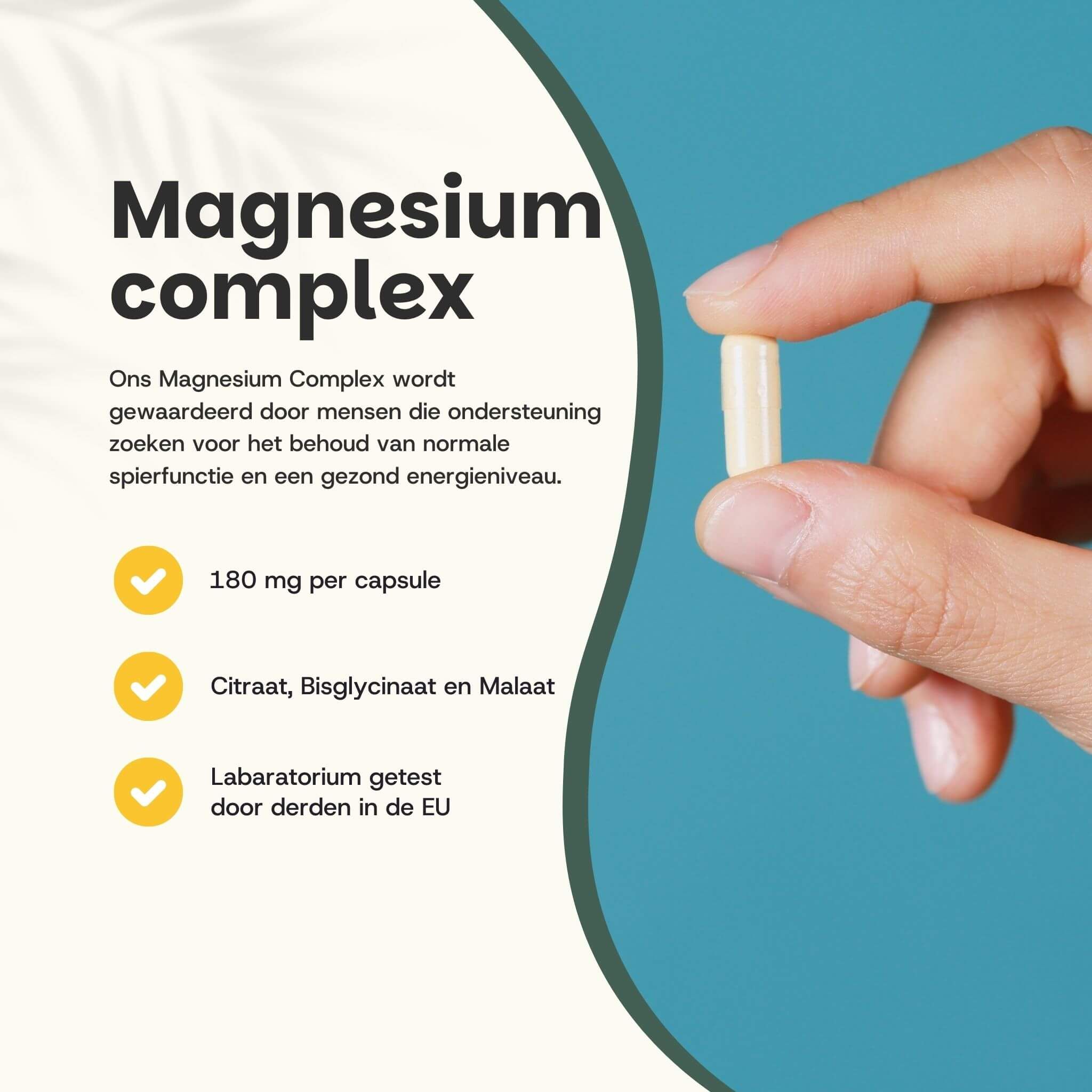 Hand met capsule. Tekst: Magnesium Complex. 180 mg per capsule. Citraat, Bisglycinaat en Malaat. Getest in EU.