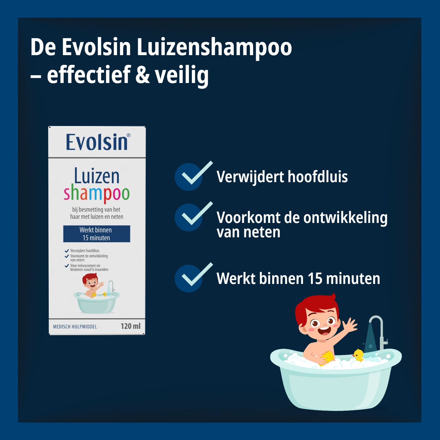 Productverpakking. Tekst: Evolsin Luizenshampoo. 120 ml. Met kam.