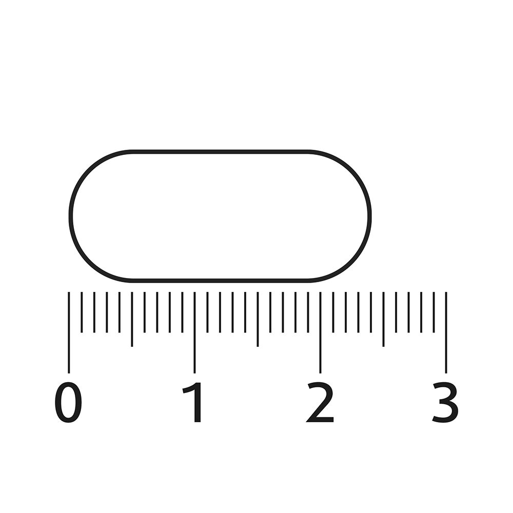 Comprimé oblong à contour noir avec une échelle en centimètres.