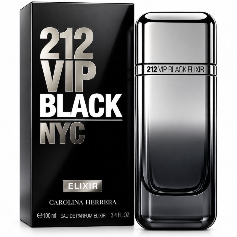 Zwarte doos met "212 VIP BLACK NYC ELIXIR" en een zwarte flacon ernaast.