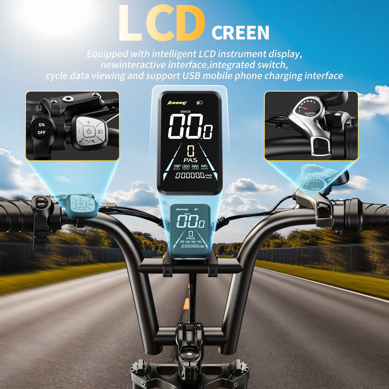 Guidon de vélo électrique avec écran LCD. Texte : "LCD SCREEN".