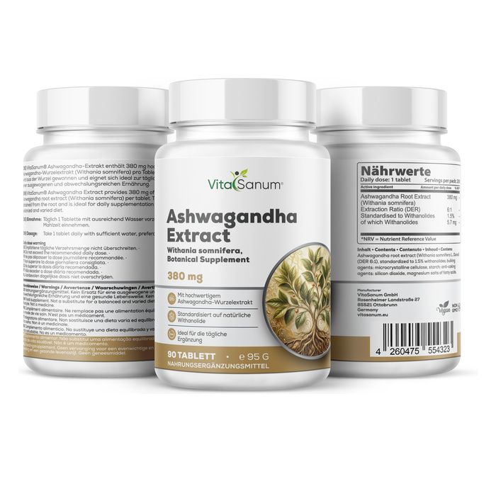 Trois bouteilles de VitaSanum Ashwagandha Extract. Une bouteille montre des informations nutritionnelles détaillées.