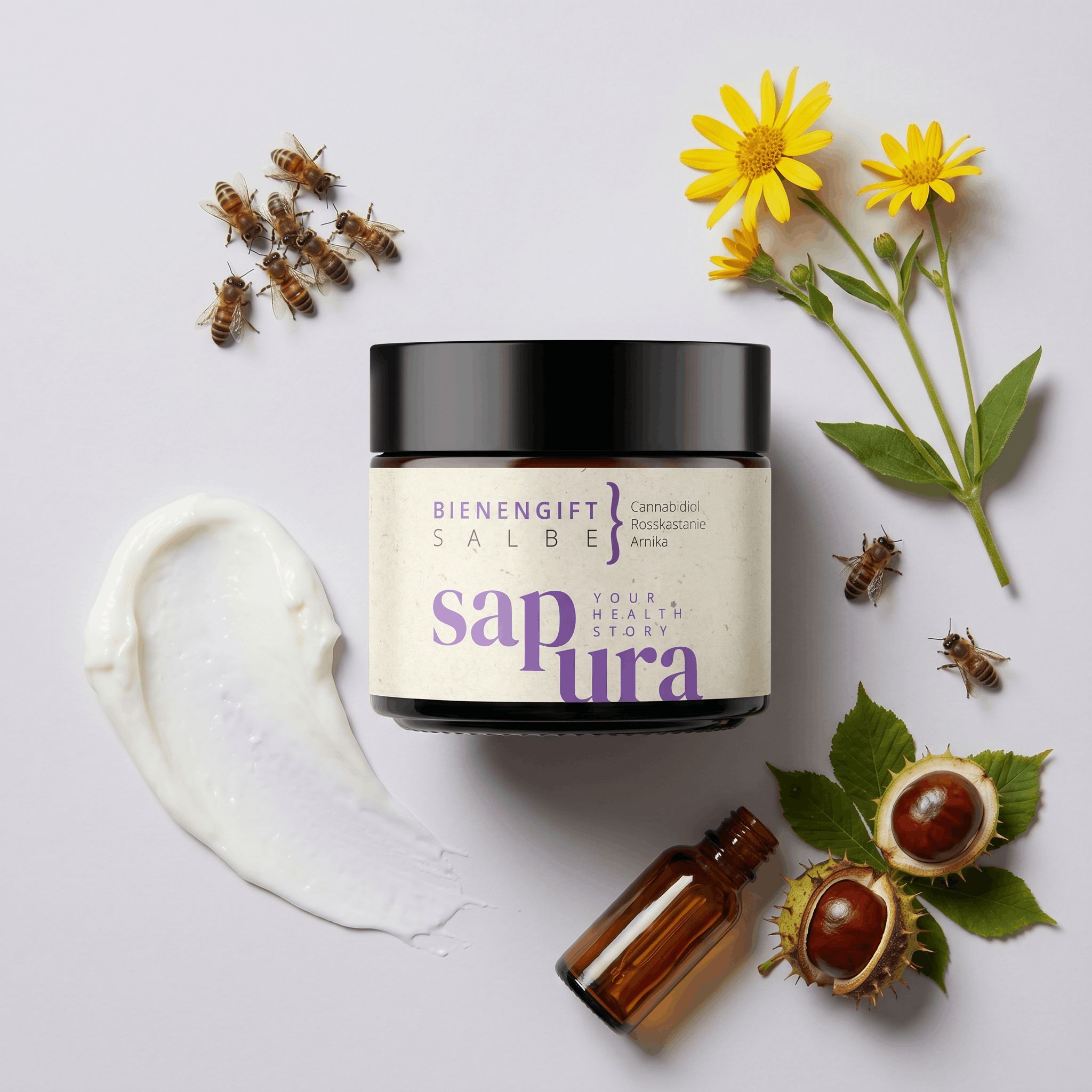 Crème pot omringd door bijen, bloemen, kastanjes en een zalfstaal.