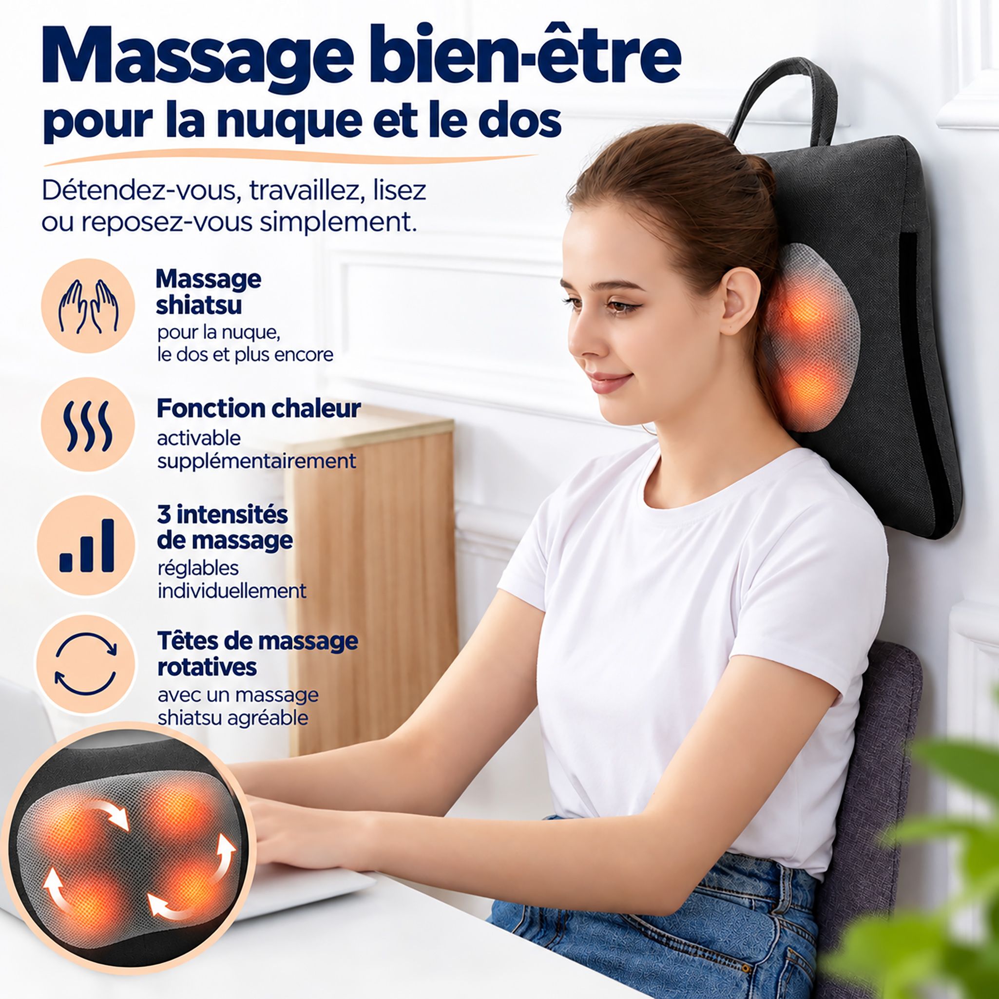 Une femme à un bureau avec un coussin de massage Shiatsu sur la nuque, promu pour le massage du cou et du dos.