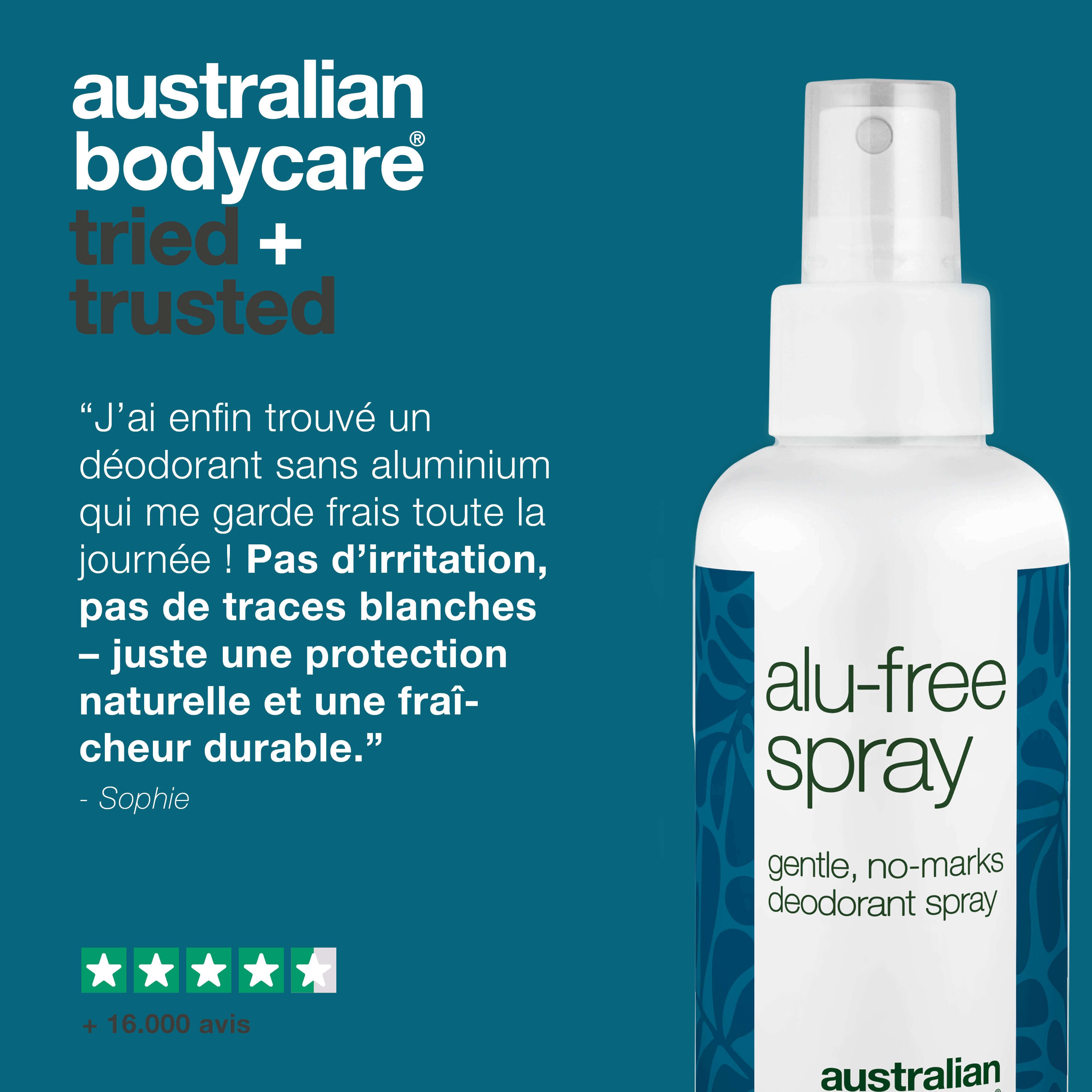 Spray sans aluminium. Texte: alu-free spray, gentle, no-marks deodorant spray. Logo: Australian Bodycare. Citation et évaluation par étoiles.