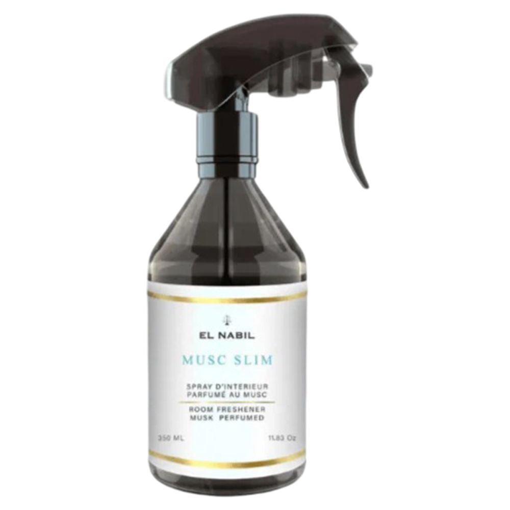 Luchtverfrisserspray met zwarte sproeikop. Opschrift: El Nabil, Musc Slim, kamergeur, muskusgeur. Fles met wit etiket en gouden randen.