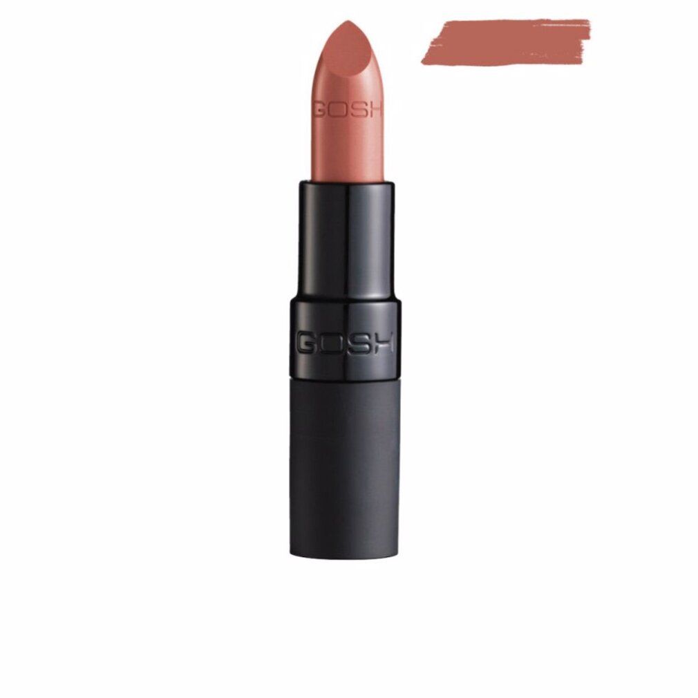 Matte lipstick, kleur Antique. Zwarte huls met GOSH-logo. Kleurstaal ernaast.
