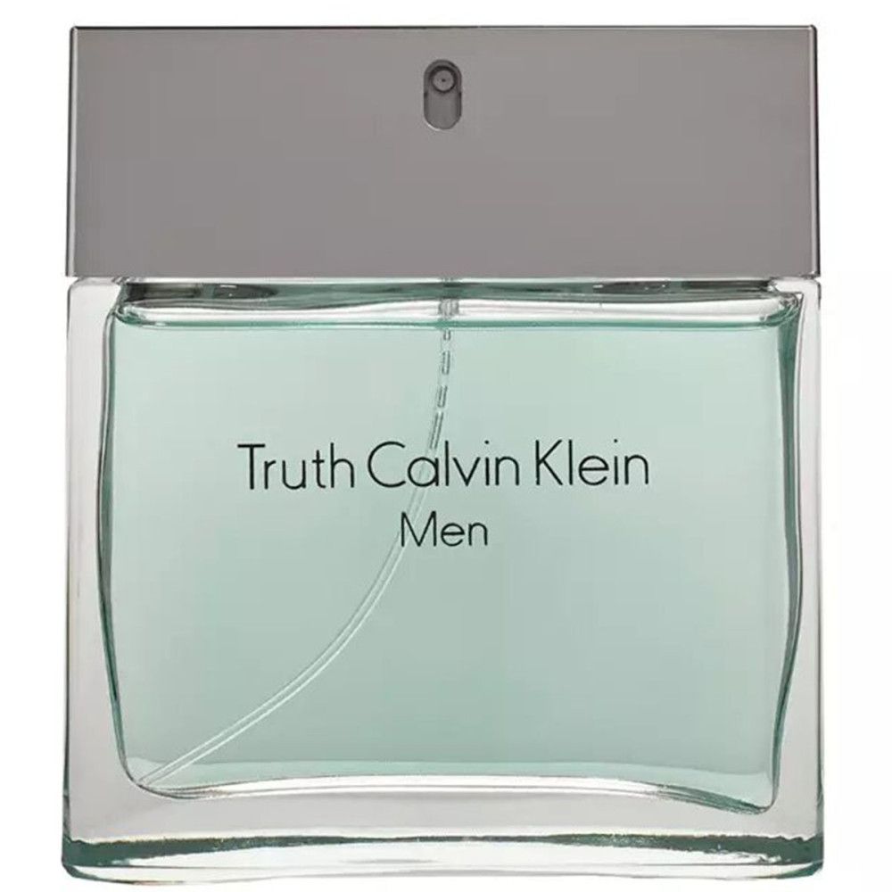 Truth Calvin Klein Men Eau de Toilette Spray. Flacon rectangulaire avec bouchon argenté. Inscription Truth Calvin Klein Men.