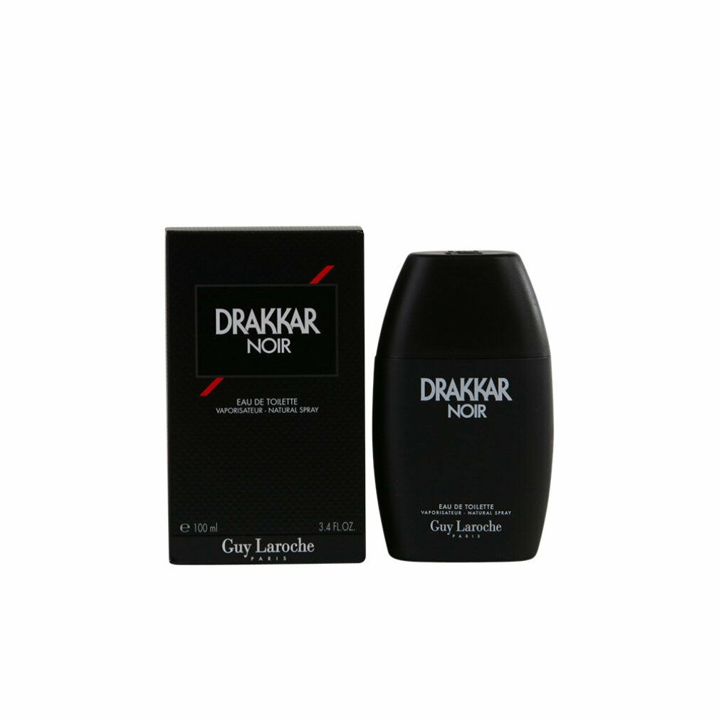 Flacon et boîte noirs Drakkar Noir. Eau de Toilette. Flacon ovale noir. Boîte avec logo et texte. Guy Laroche.